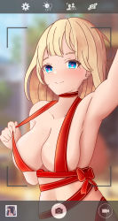 Rule 34 | absurdres, amrb, blonde hair, bow, breasts, christmas, cleavage, gift wrapping, heart, heart-shaped pupils, highres, hololive, hololive english, large breasts, naked ribbon, red ribbon, ribbon, self-upload, selfie, solo, symbol-shaped pupils, virtual youtuber, watson amelia