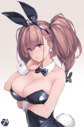 Rule 34 | 1girl, alternate costume, anchor hair ornament, animal ears, arm under breasts, artist logo, atlanta (kancolle), bare arms, bare shoulders, black leotard, bow, bowtie, breasts, brown hair, detached collar, earrings, fake animal ears, fake tail, gradient background, grey eyes, hair ornament, highres, jewelry, kantai collection, large breasts, leotard, long hair, pantyhose, playboy bunny, rabbit ears, rabbit tail, rokuwata tomoe, solo, star (symbol), star earrings, strapless, strapless leotard, tail, two side up, wrist cuffs