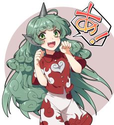 Rule 34 | 1girl, a (phrase), animal ears, bare arms, buttons, cloud print, commentary request, curly hair, fangs, green eyes, green hair, heart, highres, horns, kariyushi shirt, komano aunn, long hair, looking at viewer, mise yuzuki, open mouth, paw pose, red shirt, shirt, short sleeves, shorts, single horn, smile, solo, touhou, very long hair, white shorts