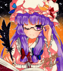 Rule 34 | 1girl, adjusting eyewear, bad id, bad pixiv id, black-framed eyewear, blue bow, book, bow, crescent, crescent hat ornament, frilled sleeves, frills, hair bow, hand on eyewear, hat, hat ornament, holding, holding quill, long hair, long sleeves, looking at viewer, mob cap, one eye closed, open book, open mouth, orange background, patchouli knowledge, pink hat, purple eyes, purple hair, qqqrinkappp, quill, red bow, semi-rimless eyewear, shikishi, signature, solo, sweatdrop, touhou, traditional media, under-rim eyewear, wide sleeves