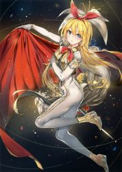 Rule 34 | 1girl, absurdres, blonde hair, blue eyes, bracelet, breasts, cape, earrings, flower, gloves, hair ribbon, highres, jewelry, lily (flower), long hair, medium breasts, original, outstretched arm, parted lips, petals, red cape, red ribbon, ribbon, scan, solo, sparkle, sword, weapon, white gloves, yuran