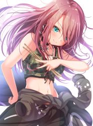 Rule 34 | 10s, 1girl, bang dream!, bare arms, bare shoulders, belt, belt buckle, black belt, black pants, blue eyes, blush, breasts, buckle, camouflage, chain, cleavage, closed mouth, clothes around waist, collarbone, commentary request, crop top, drumsticks, earrings, eyes visible through hair, hair over one eye, holding, jewelry, long hair, looking at viewer, matokechi, midriff, navel, pants, red hair, revision, simple background, small breasts, smile, solo, udagawa tomoe, white background