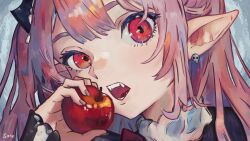 Rule 34 | 1girl, absurdres, apple, bat wings, fangs, food, fruit, hair ornament, highres, holding, holding food, holding fruit, impasto, impressionism, krul tepes, long hair, looking at viewer, open mouth, owari no seraph, pink hair, pointy ears, red eyes, sanoarts, teeth, twintails, vampire, wings