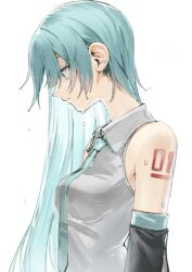 Rule 34 | 1girl, absurdres, aqua eyes, aqua hair, aqua necktie, arms at sides, bare shoulders, black sleeves, breasts, closed mouth, collared shirt, detached sleeves, from side, grey shirt, hair between eyes, hair down, hair over shoulder, hatsune miku, highres, long hair, long sleeves, looking down, medium breasts, necktie, number tattoo, profile, shirt, sidelocks, simple background, skyn blue, sleeveless, sleeveless shirt, solo, straight hair, tattoo, upper body, very long hair, vocaloid, wet, wet hair, white background