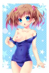 Rule 34 | 1girl, bad id, bad pixiv id, blue eyes, blush, breast slip, breasts, brown hair, cameltoe, clothes pull, female focus, hair bobbles, hair ornament, looking at viewer, nipples, off shoulder, one-piece swimsuit, one-piece swimsuit pull, one breast out, open mouth, original, riko (kujira215), school swimsuit, short hair, solo, standing, swimsuit, thigh gap, twintails