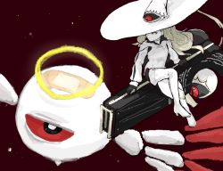 Rule 34 | bandaid, black sclera, blonde hair, boots, colored sclera, dmai7fqaspht5e4, eitri (fire emblem), fire emblem, fire emblem heroes, gloves, gun, halo, hat, high heels, highres, kirby (series), kirby 64, nintendo, red background, red eyes, simple background, space, thigh boots, thighhighs, trait connection, weapon, witch hat, zero two (kirby)