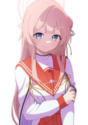 Rule 34 | 1girl, afnroll, blue archive, blue eyes, breasts, cape, hair bun, hair ribbon, halo, hand on own arm, highres, japanese clothes, long hair, long sleeves, looking at viewer, mimori (blue archive), pink hair, red sailor collar, red skirt, ribbon, sailor collar, side bun, simple background, single side bun, skirt, smile, solo, upper body, white background