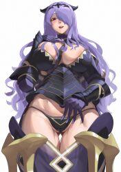 Rule 34 | 1girl, areola slip, arm up, armor, breasts, camilla (fire emblem), fire emblem, fire emblem fates, from below, gluteal fold, groin, hair over one eye, highres, huge breasts, licking lips, looking down, naughty face, nintendo, panties, purple eyes, purple hair, shiny skin, solo, tongue, tongue out, underwear