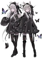 Rule 34 | 2girls, absurdres, animal ears, aqua eyes, arms at sides, asymmetrical clothes, belt, black belt, black dress, black footwear, boots, bow, bow legwear, bug, butterfly, cat ears, chiemo (xcem), cross-laced clothes, cross-laced footwear, cross-laced sleeves, dress, flower, frills, full body, gothic lolita, grey hair, hair bow, hair flower, hair ornament, hairband, headdress, highres, insect, lace-trimmed hairband, lace-up boots, lace trim, lily (flower), lolita fashion, long hair, multiple girls, short hair, siblings, thighhighs, twins, white lily