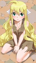 Rule 34 | 1girl, ahoge, bare arms, bare legs, bare shoulders, between legs, blonde hair, blush, breasts, cleavage, closed mouth, clothes, collarbone, dress, eyelashes, fairy tail, frown, full body, green eyes, hair between eyes, hand between legs, head wings, highres, hip focus, legs, lips, long hair, looking at viewer, looking up, mavis vermilion, on floor, pink lips, planeptune, sad, seiza, sitting, small breasts, solo, thighs, torn clothes, torn dress, very long hair, wings