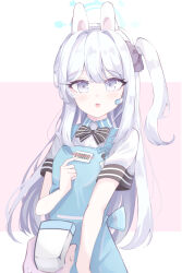 Rule 34 | 1girl, absurdres, angel&#039;s 24 uniform (blue archive), animal ears, apron, barcode scanner, black bow, black bowtie, blue apron, blue archive, blush, bow, bowtie, collared shirt, earpiece, fake animal ears, grey eyes, grey hair, highres, long hair, looking at viewer, miyako (blue archive), official alternate costume, one side up, open mouth, polo shirt, rabbit ears, shirt, short sleeves, sisong, smile, solo, white shirt