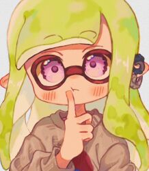 Rule 34 | 1girl, closed mouth, commentary request, eyebrows hidden by hair, finger to mouth, green hair, grey sweater, heart, heart-shaped pupils, inkling, inkling girl, inkling player character, long hair, nintendo, ochocho2828, pointy ears, print sweater, purple eyes, simple background, solo, splatoon (series), sweater, symbol-shaped pupils, tentacle hair, thick eyebrows, upper body, white background