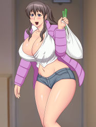 Rule 34 | 1girl, breasts, brown hair, cleavage, curvy, highres, huge breasts, jacket, mature female, solo, tight clothes, yukijirushi nyugyou