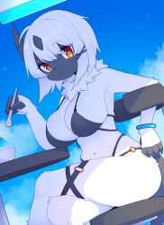 Rule 34 | absol, absurdres, bikini, black bikini, blue sky, bracelet, breasts, creatures (company), crossed legs, day, dev voxy, food, furry, furry female, game freak, gen 3 pokemon, highres, holding, holding spoon, horns, jewelry, large breasts, looking at viewer, medium hair, navel, nintendo, outdoors, pokemon, pokemon (creature), red eyes, shaved ice, single horn, sky, solo, spoon, swimsuit, white hair