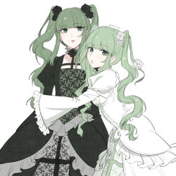 Rule 34 | 2girls, :o, black dress, black robe, blunt bangs, breasts, choker, closed mouth, commentary, cowboy shot, dated, dress, dual persona, english commentary, flower, flower choker, frilled choker, frilled dress, frilled sleeves, frills, gothic lolita, green eyes, green hair, hair flower, hair ornament, hatsune miku, highres, hug, juliet sleeves, lipstick, lolita fashion, long hair, long sleeves, looking at viewer, looking to the side, makeup, medium breasts, multiple girls, project diva (series), puffy sleeves, robe, rosa bianca (module), rose, sideways glance, simple background, soup dumplin, twintails, very long hair, white background, white dress, white flower, white rose, wide sleeves