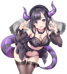 Rule 34 | 1girl, akizora momiji, black bra, black collar, black hair, black panties, black sleeves, black thighhighs, black veil, bra, bracelet, breasts, chain, cleavage, collar, commentary request, demon girl, demon horns, demon tail, detached sleeves, fang, highres, horns, jewelry, lace, lace-trimmed bra, lace sleeves, lace thighhighs, lace trim, lace veil, large breasts, leaning forward, medium hair, mole, mole under eye, navel, open mouth, original, panties, parted bangs, purple eyes, sidelocks, simple background, solo, standing, striped horns, striped tail, tail, thigh gap, thighhighs, thighs, underwear, veil, white background