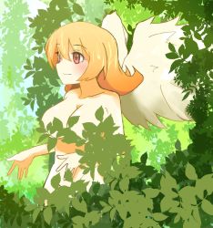 Rule 34 | 1girl, absurdres, artist request, bird girl, bird wings, blush, breasts, censored nipples, collarbone, convenient censoring, highres, ishuzoku reviewers, large breasts, leaf, leaf censor, meidri, nude, orange hair, outdoors, plant, red eyes, smile, solo, standing, wings