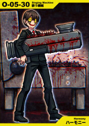 Rule 34 | 1boy, @ @, black footwear, black jacket, black pants, blood, blood spray, brown hair, check gender, collared jacket, collared shirt, commentary request, crazy smile, dark background, denim, e.g.o (project moon), employee (project moon), full body, gears, holding, holding weapon, jacket, jeans, liquid from eyes, lobotomy corporation, looking at viewer, meimaru inuchiyo, necktie, numbered, open mouth, pants, partial commentary, project moon, red necktie, shirt, shoes, short hair, singing machine, smile, weapon, white shirt, yellow eyes