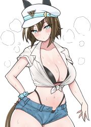 Rule 34 | 1girl, absurdres, animal ears, belt, bikini, black bikini, blue belt, blue eyes, blue scrunchie, blue shorts, blush, breasts, brown hair, cheval grand (umamusume), cleavage, closed mouth, collared shirt, contrapposto, denim, denim shorts, hair between eyes, hand on own hip, hat, hat belt, head tilt, highleg, highleg bikini, highres, horse ears, horse girl, horse tail, large breasts, looking at viewer, micro shorts, midriff, multicolored hair, navel, open clothes, open shirt, open shorts, peaked cap, puchimosu (mosu1427), scrunchie, shirt, short hair, short sleeves, shorts, simple background, solo, steaming body, streaked hair, string bikini, sweat, swimsuit, tail, thighs, tied shirt, two-tone hair, umamusume, white background, white hair, white shirt, wrist scrunchie
