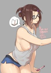 Rule 34 | 1girl, :o, agawa ryou, armpit crease, artist name, bare shoulders, black-framed eyewear, blue shorts, book, breasts, brown eyes, brown hair, collarbone, commentary, cowboy shot, dated, english commentary, glasses, grey background, grey tank top, groin, hair ornament, hairclip, holding, holding pen, looking to the side, midriff peek, nipple slip, nipples, numbered, open mouth, original, pen, puffy nipples, semi-rimless eyewear, short hair with long locks, short shorts, shorts, sideboob, sidelocks, simple background, solo, swept bangs, tank top, thinking