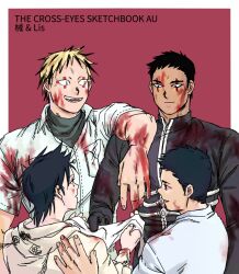 Rule 34 | 4boys, alternate universe, arm around shoulder, black hair, blood, blood on clothes, blood on face, character request, dokuga, dorohedoro, eye tattoo, hood, jade drop, jumpsuit, kai (dorohedoro), looking at another, male focus, multiple boys, red background, risu (dorohedoro), smile, toned, toned male, upper body