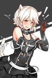 Rule 34 | !, 15k, 1girl, ^^^, aiguillette, animal ears, bare shoulders, belt, bismarck (warship girls r), black gloves, black skirt, black vest, blush, breasts, buttons, cleavage, collar, collarbone, cross, double-breasted, elbow gloves, embarrassed, eyebrows, fang, gloves, highres, iron cross, open mouth, paw pose, red eyes, remodel (warship girls r), short hair, simple background, sketch, skirt, sleeveless, solo focus, surprised, tail, tail grab, upper body, vest, warship girls r, wavy mouth, white belt, white hair