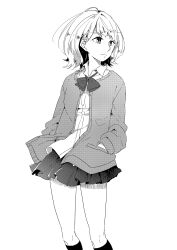 Rule 34 | 1girl, absurdres, bow, bowtie, cardigan, closed mouth, collared shirt, commentary, dress shirt, greyscale, hands in pockets, hatching, highres, honda sora, kashikaze, kneehighs, lonely girl ni sakaraenai, long sleeves, monochrome, open cardigan, open clothes, pleated skirt, school uniform, screentones, shirt, short hair, simple background, skirt, socks, solo