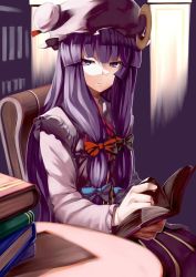 Rule 34 | 1girl, bad id, bad pixiv id, blunt bangs, book, bow, crescent, female focus, hair bow, hat, jpeg artifacts, long hair, open book, patchouli knowledge, purple eyes, purple hair, scottie (phantom2), sitting, solo, striped, table, touhou, tsurime