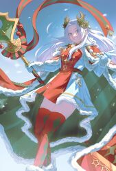 Rule 34 | 1girl, babykatafan, cape, christmas, dress, edelgard von hresvelg, edelgard von hresvelg (snowfall future), fake horns, fire emblem, fire emblem: three houses, fire emblem heroes, gloves, green cape, grin, highres, holding, holding polearm, holding weapon, horns, long hair, looking at viewer, multicolored clothes, multicolored dress, nintendo, official alternate costume, polearm, red cape, red dress, red thighhighs, smile, solo, thighhighs, weapon, white dress, white gloves, white hair, yellow horns