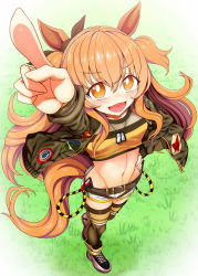 Rule 34 | 1girl, :d, animal ears, arm up, belt, black footwear, black ribbon, black thighhighs, blush, bow, breasts, collarbone, commentary, crop top, dog tags, ear ribbon, full body, grass, green belt, green jacket, groin, hair between eyes, hand on own hip, highres, horse ears, horse girl, horse tail, jacket, long hair, long sleeves, looking at viewer, mayano top gun (umamusume), midriff, navel, open clothes, open jacket, open mouth, orange hair, pointing, pointing up, ribbon, shadow, shirt, shoes, short shorts, shorts, sidelocks, small breasts, smile, solo, standing, tail, thighhighs, two side up, umamusume, white shorts, yassy, yellow shirt