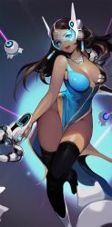 Rule 34 | 1girl, adapted costume, akito1179, black hair, black thighhighs, blizzard (company), blue-tinted eyewear, breasts, brown eyes, brown hair, dark-skinned female, dark skin, dress, earrings, forehead jewel, headgear, highres, jewelry, lips, long hair, looking at viewer, mechanical arms, medium breasts, necklace, open mouth, overwatch, overwatch 1, single mechanical arm, sleeveless, sleeveless dress, smile, solo, symmetra (overwatch), thighhighs, tinted eyewear, visor