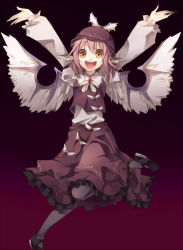Rule 34 | 1girl, :d, \o/, animal ears, arms up, female focus, gradient background, happy, hat, kontore, mystia lorelei, open mouth, orange eyes, outstretched arms, pink hair, ribbon, short hair, smile, solo, spread arms, touhou, wings