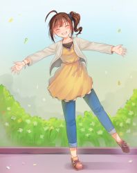 Rule 34 | 10s, 1girl, ^ ^, absurdres, ahoge, blouse, blush, brown hair, closed eyes, collarbone, day, denim, drill hair, facing viewer, full body, highres, idolmaster, idolmaster million live!, jeans, kamille (vcx68), looking at viewer, outstretched arms, pants, parted lips, shirt, short hair, smile, solo, spread arms, teeth, yellow shirt, yokoyama nao