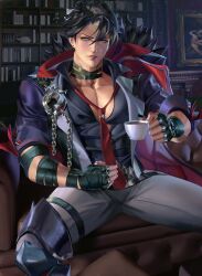 Rule 34 | 1boy, armored boots, bandaged hand, bandaged neck, bandages, bara, black shirt, boots, chadetteisgiga, cup, genshin impact, grey hair, grey pants, grey vest, highres, holding, holding cup, large pectorals, male focus, multicolored hair, muscular, muscular male, necktie, pants, parted lips, pectorals, shirt, short hair, sitting, solo, two-tone hair, vest, wriothesley (genshin impact)
