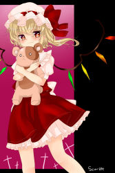 Rule 34 | 1girl, bad id, bad pixiv id, blonde hair, bow, cross, hugging doll, dress, flandre scarlet, hat, hat bow, highres, koyashaka, looking at viewer, mob cap, hugging object, puffy sleeves, red dress, red eyes, sash, shirt, short sleeves, side ponytail, smile, solo, stuffed animal, stuffed toy, teddy bear, touhou, wings