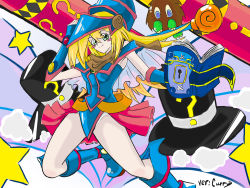 Rule 34 | 1girl, absurdres, bare shoulders, blonde hair, blush stickers, boots, breasts, cleavage, dark magician girl, female focus, gradient background, green eyes, hat, highres, kuriboh, legs, long hair, smile, staff, wizard hat, yu-gi-oh!, yu-gi-oh! duel monsters