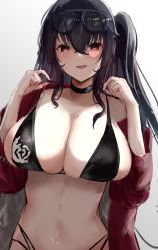Rule 34 | 1girl, absurdres, azur lane, bikini, black bikini, black choker, black hair, breasts, choker, cleavage, commentary request, crossed bangs, eyewear on head, highres, huge breasts, jacket, looking at viewer, official alternate costume, one side up, plain 64, race queen, red eyes, red jacket, smile, strap pull, sunglasses, swimsuit, taihou (azur lane), taihou (enraptured companion) (azur lane)