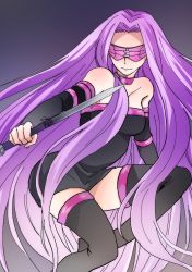 Rule 34 | 1girl, black dress, black footwear, blindfold, boots, collar, dagger, detached sleeves, dress, fate/stay night, fate (series), holding, holding dagger, holding knife, holding weapon, knife, long hair, medusa (fate), medusa (rider) (fate), nameless dagger (fate), purple collar, purple hair, ronpaxronpa, short dress, solo, strapless, strapless dress, thigh boots, thighhighs, very long hair, weapon