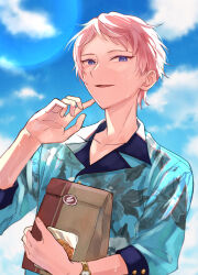 Rule 34 | 1boy, absurdres, buttons, collared shirt, commentary request, ensemble stars!, floral print, highres, holding, itsuki shu, long sleeves, looking at viewer, male focus, open mouth, pink hair, purple eyes, shirt, short hair, sleeves past elbows, solo, sweat, upper body, watch, wednesday 108, wristwatch