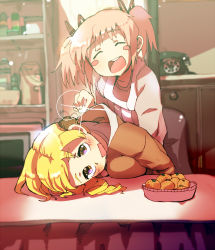 Rule 34 | 10s, 2girls, :d, ^ ^, antique phone, blonde hair, blush, blush stickers, breast rest, breasts, breasts on table, chair, closed eyes, commentary request, corded phone, drill hair, food, fruit, gozaemon, hair ornament, hair ribbon, holding, ice, ice cube, kaname madoka, mahou shoujo madoka magica, mahou shoujo madoka magica (anime), medium breasts, multiple girls, open mouth, orange (fruit), phone, pink hair, prank, ribbon, rotary phone, smile, table, tomoe mami, twin drills, twintails, utility pole, yellow eyes