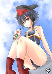 Rule 34 | 1girl, artist logo, asymmetrical hair, black gloves, black hair, black one-piece swimsuit, blue sky, boots, brown eyes, chize, cloud, commentary request, cup, day, disposable cup, framed breasts, frappuccino, gloves, hair between eyes, hat, headphones, i-13 (kancolle), kantai collection, looking at viewer, one-hour drawing challenge, one-piece swimsuit, outdoors, partially fingerless gloves, red footwear, sailor collar, school swimsuit, short hair, single glove, sitting, sky, solo, swimsuit, tsurime, tumbler