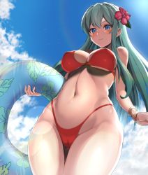 Rule 34 | 1girl, bikini, blue eyes, blue sky, blush, breasts, cameltoe, closed mouth, cloud, commentary request, commission, day, dyne gallon, flower, green hair, hair flower, hair ornament, hibiscus, highres, holding, holding swim ring, innertube, long hair, looking at viewer, medium breasts, navel, original, outdoors, red bikini, skeb commission, sky, smile, solo, standing, stomach, swim ring, swimsuit, thighs, very long hair, wide hips