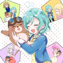 Rule 34 | &gt; o, 10s, :d, ^ ^, animal, aqua hair, arms up, bang dream!, blue jacket, blush, blush stickers, braid, brown hair, cellphone, closed eyes, commentary request, dress, food, french fries, glasses, goggles, goggles on head, grey hair, highres, hikawa hina, holding, holding animal, holding phone, jacket, jewelry, kaeru (pau777), long hair, long sleeves, maruyama aya, mole, mole (animal), multiple views, notice lines, o/, one eye closed, open mouth, outstretched arms, pastel palettes (bang dream!), pendant, phone, pink shirt, polka dot, polka dot background, red dress, selfie, shirasagi chisato, shirt, short hair, side braids, smartphone, smile, solid circle eyes, sparkle, spoilers, sweatdrop, twin braids, v-shaped eyebrows, wakamiya eve, yamato maya, yellow dress, yellow shirt