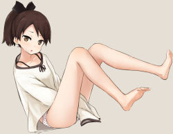 Rule 34 | 10s, 1girl, abe kanari, bare legs, barefoot, blush, brown eyes, brown hair, collarbone, feet, full body, grey background, kantai collection, looking at viewer, open mouth, oversized clothes, oversized shirt, panties, polka dot, polka dot panties, ponytail, shikinami (kancolle), shirt, short hair, simple background, sleeves past wrists, solo, underwear, white panties, white shirt