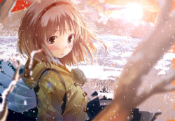 Rule 34 | 1girl, back, backpack, bag, blurry, blush, branch, brown hair, coat, depth of field, field, floating hair, hairband, kanon, light rays, looking at viewer, mittens, outdoors, plant, red eyes, scenery, short hair, snow, snowflakes, snowing, solo, sun, sunlight, sunrise, tree, tsukimiya ayu, twilight, wind, wings, yae (mono110)