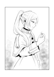 Rule 34 | 1girl, absurdres, belt, border, capelet, closed mouth, cowboy shot, earrings, elf, frieren, from side, glint, greyscale, hair over shoulder, hand up, happy, highres, holding, holding jewelry, holding ring, jewelry, long hair, long sleeves, looking at hand, monochrome, ninlersh, pointy ears, profile, ring, shirt, skirt, skirt set, smile, solo, sousou no frieren, striped clothes, striped shirt, twintails