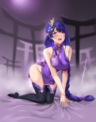 Rule 34 | 1girl, bare shoulders, braid, breasts, china dress, chinese clothes, dress, flower, genshin impact, highres, low-braided long hair, low-tied long hair, matrix16, mole, mole under eye, nail polish, no panties, obiage, pelvic curtain, purple eyes, purple flower, purple hair, purple nails, raiden shogun, short dress, side slit, sleeveless, sleeveless dress, solo, thighhighs, thighs