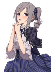 Rule 34 | 1girl, :d, black capelet, blue bow, blue ribbon, blue skirt, blush, bow, capelet, center frills, collar, cowboy shot, drill hair, floral print, frilled shirt, frills, hair bow, highres, idolmaster, idolmaster cinderella girls, kanzaki ranko, long hair, neck ribbon, open mouth, own hands clasped, own hands together, print capelet, red eyes, ribbon, rose print, see-through, shirt, short sleeves, sidelocks, simple background, skirt, smile, solo, striped bow, striped clothes, striped skirt, twin drills, twintails, vertical-striped clothes, vertical-striped skirt, white background, yahiro (epicopeiidae)