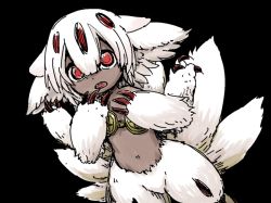 Rule 34 | 1girl, claws, dark-skinned female, dark skin, extra arms, faputa, furry, furry female, ike (altitude attitude), looking at viewer, made in abyss, monster girl, navel, open mouth, red eyes, sharp teeth, solo, teeth, very dark skin, white hair