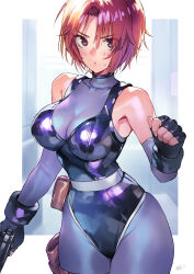 Rule 34 | 1girl, artist name, bare shoulders, belt pouch, black leotard, bodysuit, breasts, closed mouth, commentary request, commission, covered collarbone, dino crisis, fingerless gloves, gloves, grey bodysuit, gun, handgun, highleg, highleg leotard, highres, holding, holding weapon, holster, leotard, looking at viewer, matsuda (matsukichi), medium breasts, pixiv commission, pouch, red eyes, red hair, regina (dino crisis), short hair, signature, skin tight, sleeveless, sweat, sweatdrop, thigh holster, turtleneck, weapon